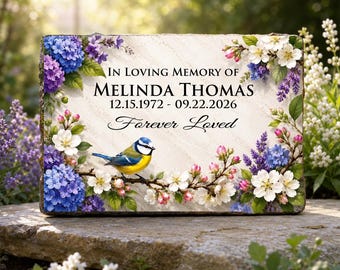 Blue Tit Songbird Memorial Garden Stone, 9x6 Concrete Paver Plaque, Custom Floral Remembrance Sign, Outdoor Cemetery Grave Marker