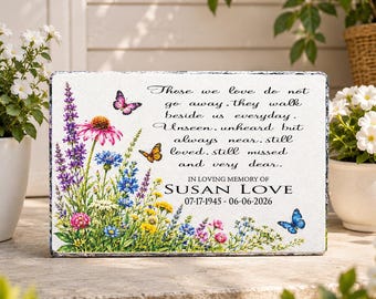 Personalized memorial stone plaque with floral accents, customizable remembrance keepsake for honoring a beloved ones legacy
