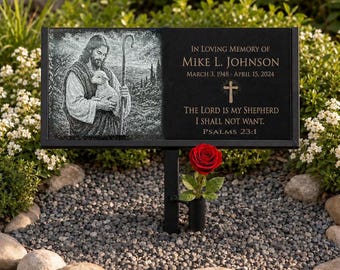 Black Granite Memorial Garden Stone, 12x6 Engraved Plaque with Metal Stake, Jesus Lamb Sympathy Gift, Custom Grave Marker