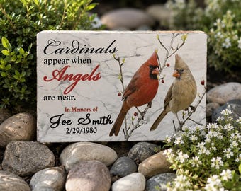 Personalized Memorial Stone, Cardinals Appear When Angels Are Near, Custom Grave Decoration, Memorial Garden Stone With Name Dates