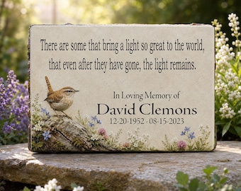 Memorial Garden Stone with Wren Bird & Flowers - Personalized 9x6 Gift - 'The Light Remains