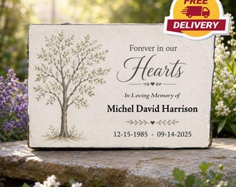 Piedra conmemorativa personalizada para jardín, piedra conmemorativa para árbol, placa "Siempre en nuestros corazones", regalo de condolencia por la pérdida de un ser querido.