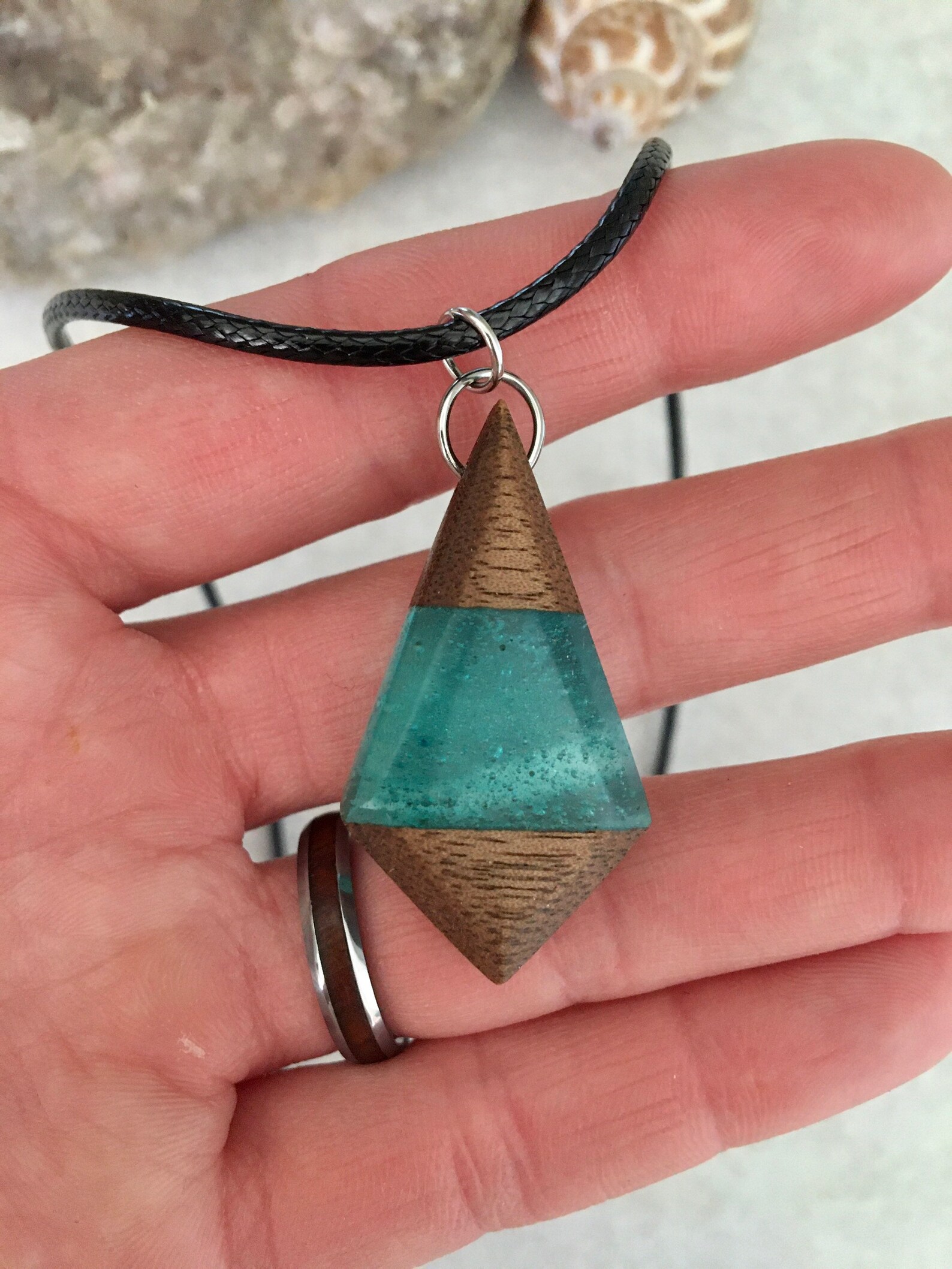Diamond Shaped Necklace Wood and Resin Necklace Teal Etsy