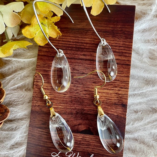 Real dandelion seed earrings, make a wish earrings, minimalistic earrings, gift of hope, gift for friend, positive thoughts jewelry, neutral