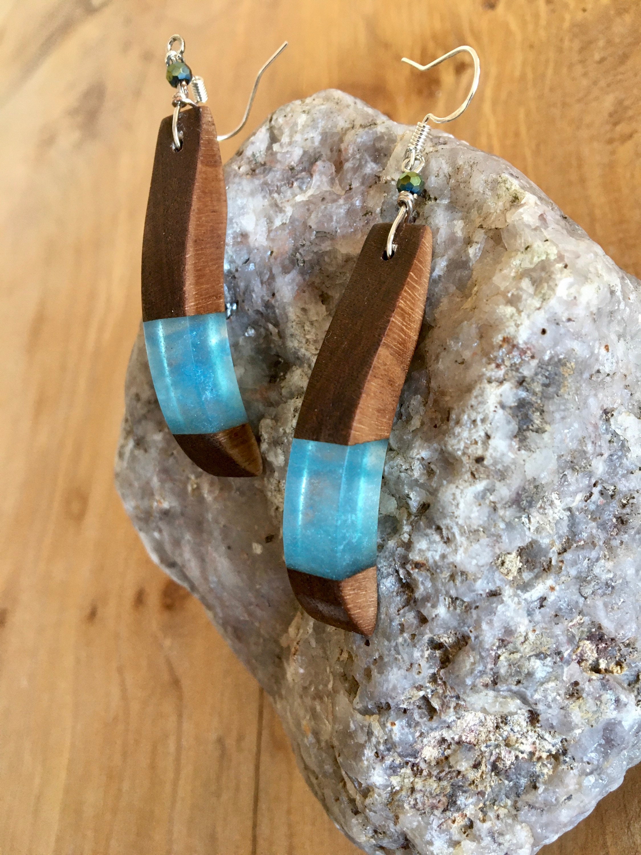 Curvy wood and resin earrings, ocean blue resin, gift for Mom, beachy earrings, earthy jewelry, nature inspired, unique shape earrings
