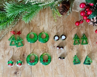 Christmas Earrings, resin dangle earrings, holiday style, work party, dress up, fun fashion, red and green jewelry, sparkly Christmas
