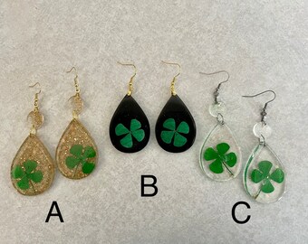 REAL 4 leaf clover earrings, lucky charm jewelry, St. Patrick’s Day jewelry, large dangle earrings, flowers in resin, positive thinking