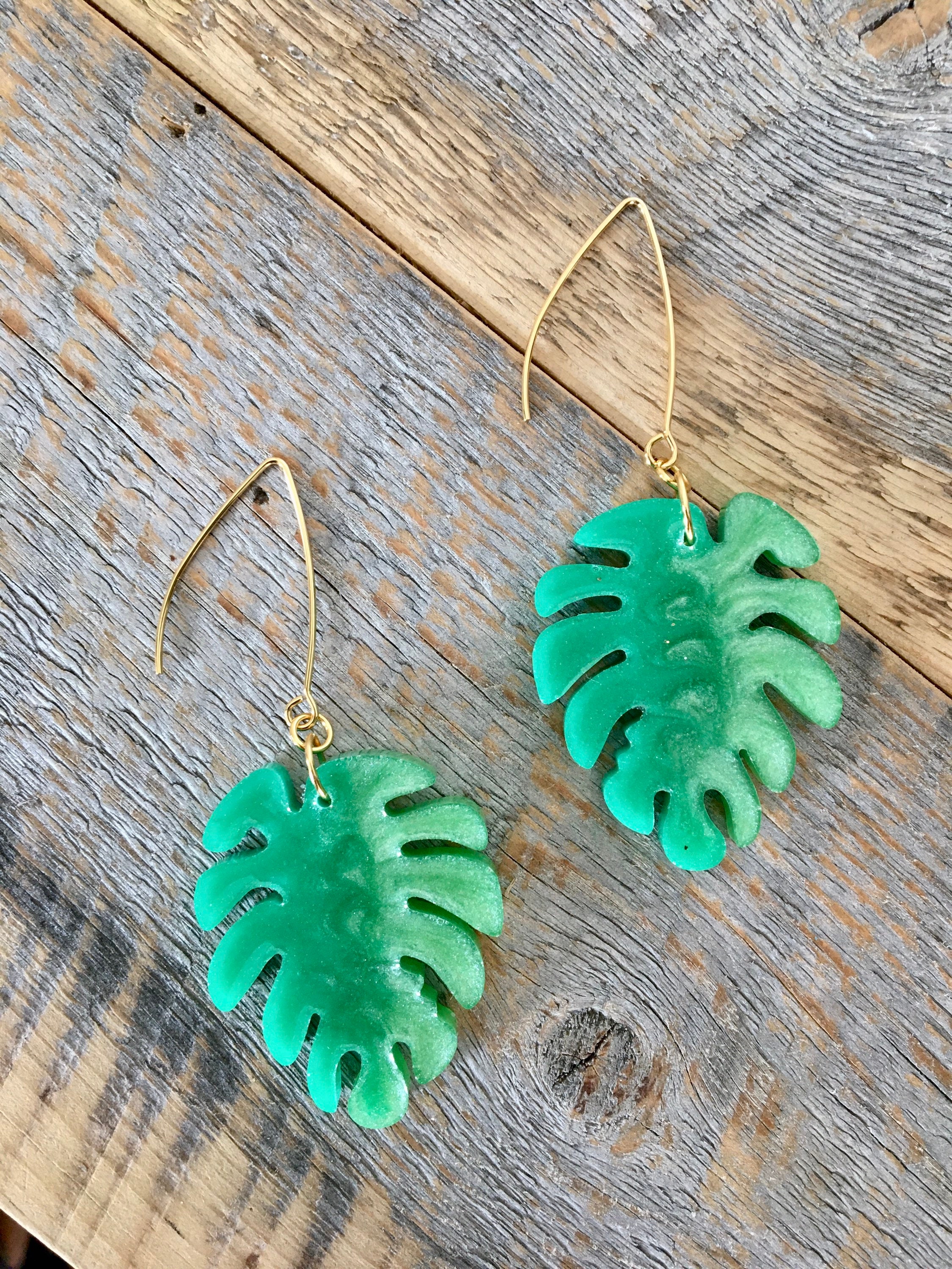 Green leaf earrings resin earrings dangle earring tropical Etsy