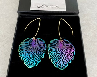 Monstera leaf earrings, rainbow earrings, beachy earrings, boho hippie earrings, summer jewelry, gift for girl, steel leaf earrings