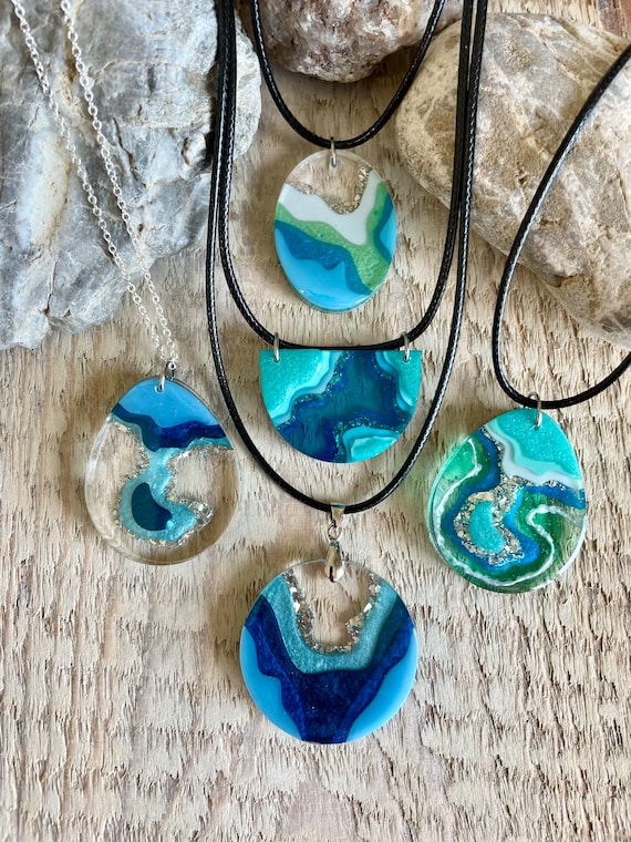 Larger geode inspired resin necklaces, statement jewelry, west coast style, beach wedding, geode art, gift for earthy girl, nature inspired