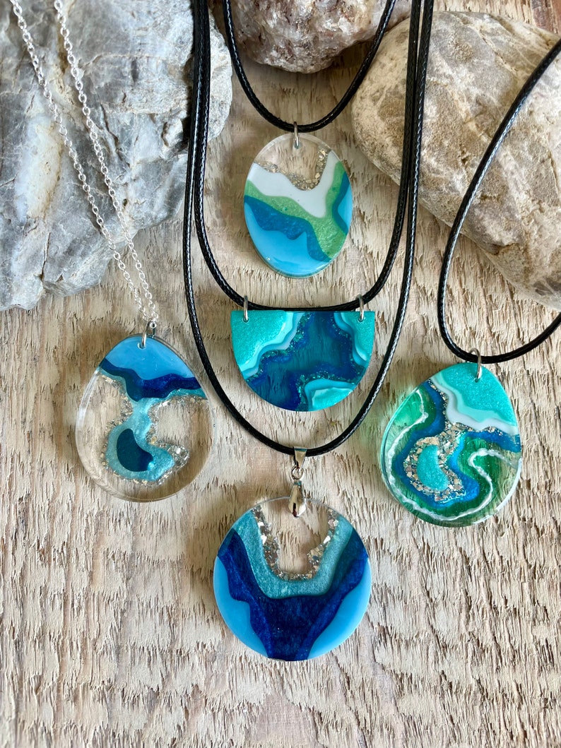 Larger geode inspired resin necklaces, statement jewelry, west coast style, beach wedding, geode art, gift for earthy girl, nature inspired image 1