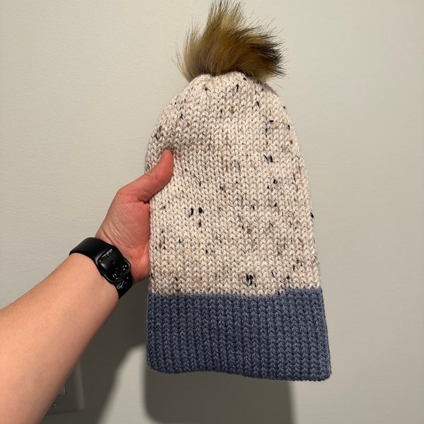 White tweed with denim blue Beanie Toddler to Adult| sock hat| winter hat