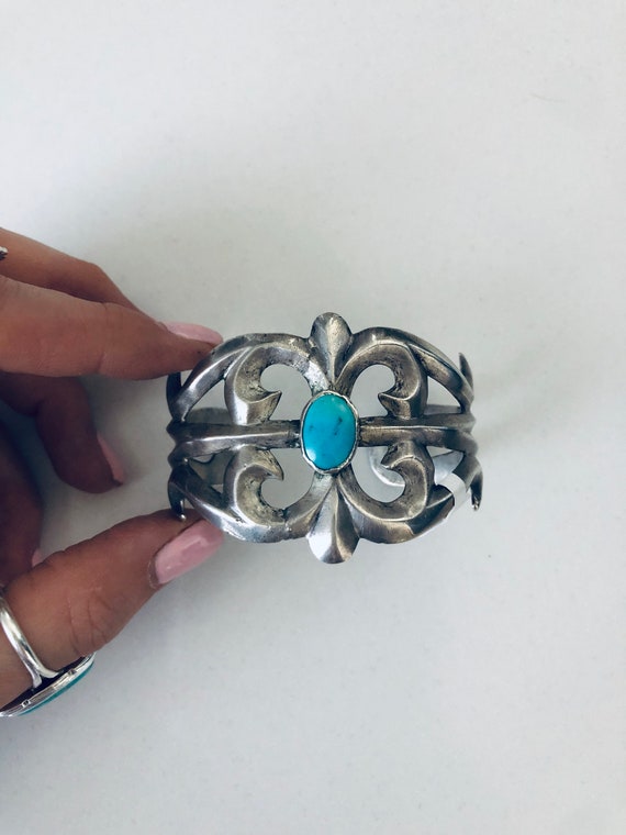 Vintage Sterling Silver and Turquoise Sandcast Cu… - image 4