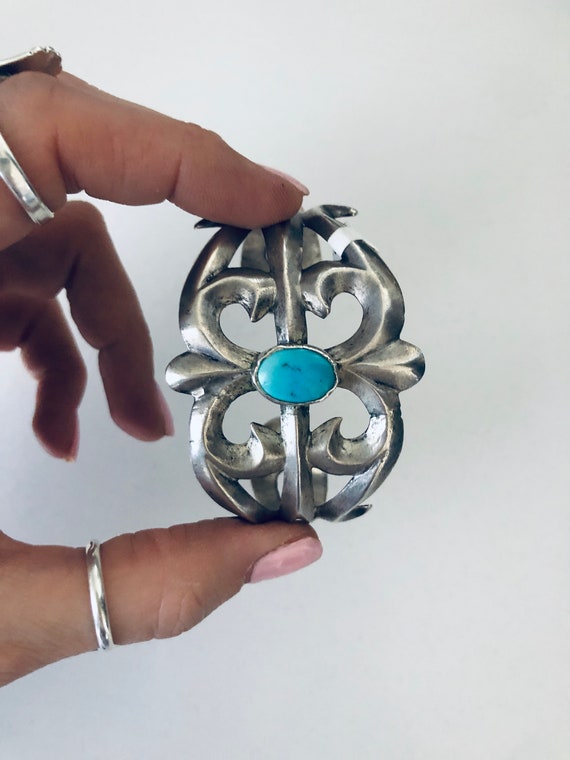 Vintage Sterling Silver and Turquoise Sandcast Cu… - image 1