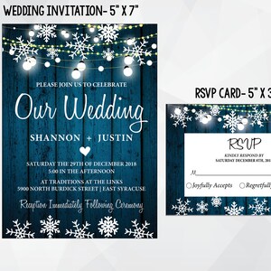 Des flocons de neige bleu faire-part de mariage du bois de grange, lumières scintiller, rustiques, mariage d’hiver, RSVP carte, téléchargement numérique, impression disponible