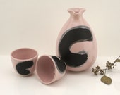 Pink Sake Set Bottle and 2 Cups. Porcelain Handmade Japanese Lines Black Celery Drinks Pouring Brooklyn NYC Pottery
