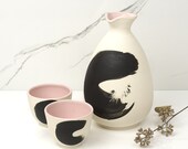 Sake Set Bottle and 2 Cups. Porcelain Handmade Japanese Lines Black Celery Drinks Pouring Brooklyn NYC Pottery