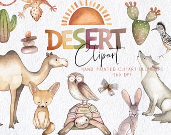 Aquarelle désert Clipart, aquarelle désert animaux Clip Art, Fennec Fox Clipart, aquarelle chameau Clipart, aquarelle cactus Clipart, Boho