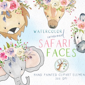 Imágenes Prediseñadas de Safari de acuarela, imágenes prediseñadas de la selva de acuarela, imágenes prediseñadas de chica Safari, imágenes prediseñadas de Safari Boho, caras de Safari, caras de animales, cabezas de animales