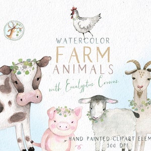 Farm Animals Watercolor Clipart, Farm Clipart, Printable Farm Animals, Eucalyptus Clipart, Watercolor Cow Goat Lamb Pig Hen, Country Clipart