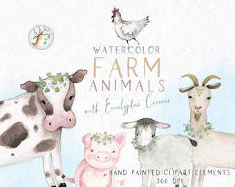 Farm Animals Watercolor Clipart, Farm Clipart, Printable Farm Animals, Eucalyptus Clipart, Watercolor Cow Goat Lamb Pig Hen, Country Clipart