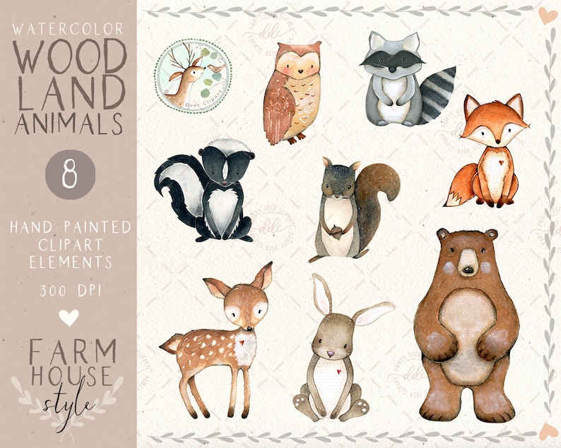 K&ouml;nnte beinhalten: Ein Set mit acht Aquarell-Illustrationen von Waldtieren im Farmhouse-Stil. Die Tiere umfassen ein Reh, eine Eule, einen Waschb&auml;r, einen Fuchs, einen Stinktier, ein Eichh&ouml;rnchen, einen B&auml;ren und ein Kaninchen. Die Illustrationen sind handgemalt und perfekt f&uuml;r Bastelprojekte.
