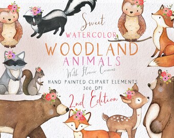 Woodland Animals Clipart, Woodland Clip Art, Watercolor Woodland Clipart, Forest Animals Clipart, Fox, Deer, Bear, Raccoon, Owl Clipart