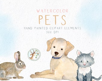 Watercolor Dog Clipart, Watercolor Cat Clipart, Watercolor Bunny Clipart, Watercolor Pets Clipart, Bunny Clipart, Dog Clipart, Cat Clipart