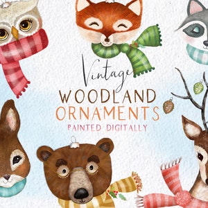 Peut inclure: Ornements d'animaux de la for&ecirc;t vintage peints num&eacute;riquement. Les ornements repr&eacute;sentent un renard, un hibou, un cerf, un raton laveur, un lapin et un ours portant des &eacute;charpes d'hiver. Le texte "Vintage Woodland Ornaments Painted Digitally" est affich&eacute; au centre de l'image.