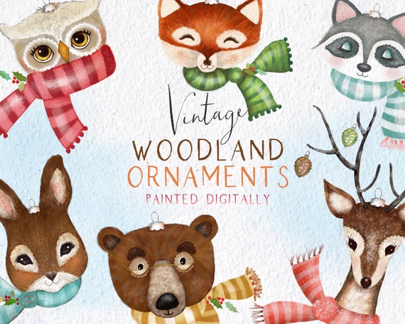 Winter Woodland Clipart, Vintage Woodland Clipart, Holiday Clipart, Christmas Clipart, Holiday Clip Art, Woodland Ornaments Clipart