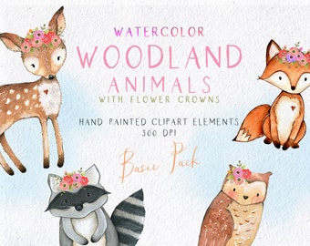 Woodland Animals Clipart, Woodland Floral Clipart, Watercolor Woodland Clipart, Forest Animals Clip Art, Woodland Nursery Art, Woodland Baby