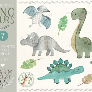 May include: Watercolor clipart set of seven dinosaurs in a farmhouse style. The dinosaurs are in various poses and colors, including green, blue, and gray. The set also includes leaves and a small deer.