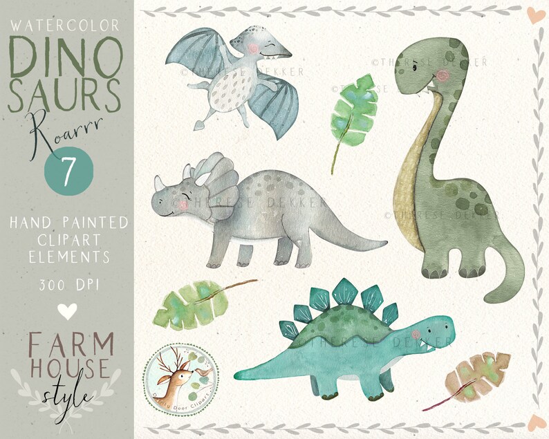 May include: Watercolor clipart set of seven dinosaurs in a farmhouse style. The dinosaurs are in various poses and colors, including green, blue, and gray. The set also includes leaves and a small deer.