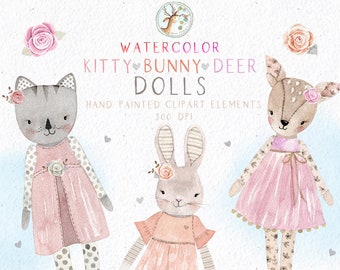 Watercolor Kitty Clipart, Watercolor Deer Clipart, Watercolor Bunny Clipart, Watercolor Doll Clipart, Doll Clipart, Toy Clipart, Clip Art