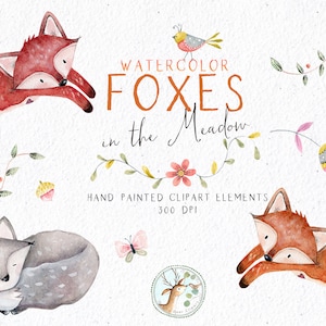 Woodland FOX Clipart, Clipart animaux de la forêt, bébé renard Clipart, aquarelle Fox Clipart ensemble, aquarelle graphique, peint à la main Woodland Art