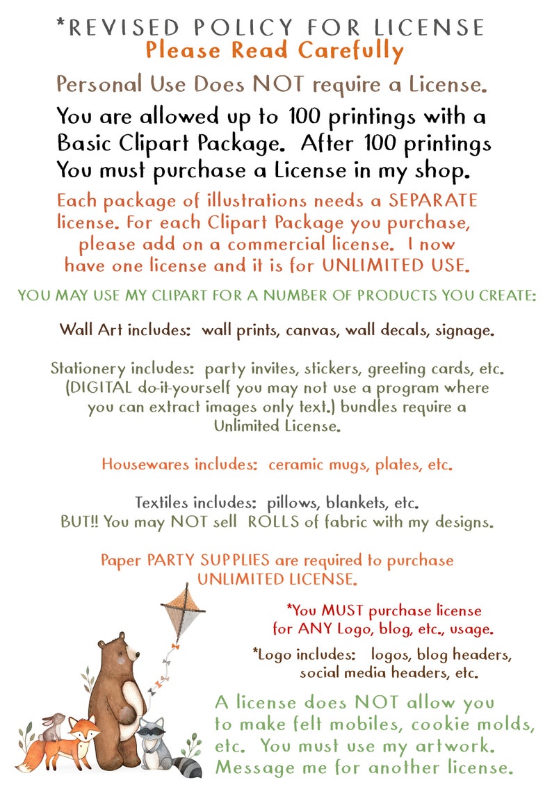 May include: A revised policy for licensing clipart images. The text explains that personal use is free, but commercial use requires a separate licence. The image also includes a cute illustration of woodland animals.