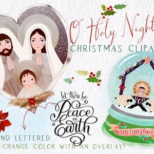 Nativity Clipart, Holy Family Clipart, Religious Clipart, Hand Lettered Christmas, Snow Globe Clipart, Peace on Earth PNG Sublimation, Jesus