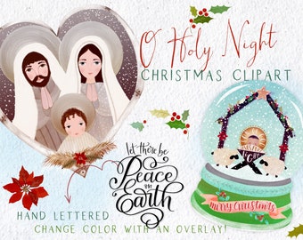 Krippe Clipart, Heilige Familie Clipart, religiöse Clipart, Hand beschriftete Weihnachten, Schneekugel Clipart, Frieden auf Erden PNG Sublimation, Jesus