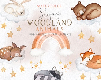 Könnte beinhalten: Aquarell-Clipart-Set mit schlafenden Waldtieren auf Wolken. Das Set enthält ein Kaninchen, einen Bären, ein Reh, einen Fuchs und einen Waschbär. Die Tiere sind in sanften, gedeckten Farben gemalt und von Sternen und einem Regenbogen umgeben.