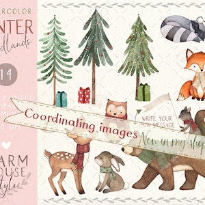 K&ouml;nnte beinhalten: Aquarell-Clipart-Set mit 14 winterlichen Waldtieren, B&auml;umen und Geschenken. Das Set enth&auml;lt einen Fuchs, einen Waschb&auml;r, ein Eichh&ouml;rnchen, eine Eule, ein Reh, einen B&auml;ren und ein Kaninchen. Die Tiere tragen alle Winterschals und -m&uuml;tzen. Die B&auml;ume sind mit Schnee und Ornamenten geschm&uuml;ckt. Die Geschenke sind in rotes und gr&uuml;nes Papier eingepackt. Das Set ist perfekt zum Erstellen von winterlichen Bastelarbeiten, Karten und Einladungen.
