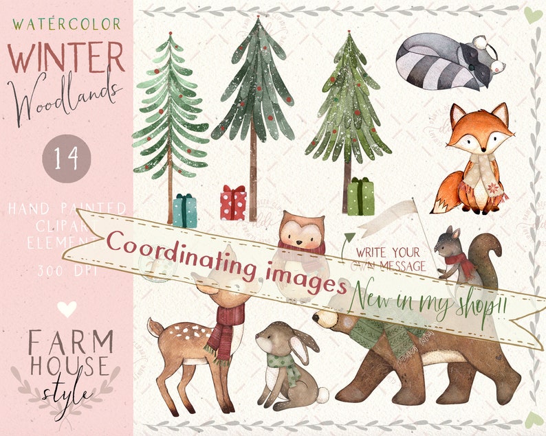 K&ouml;nnte beinhalten: Aquarell-Clipart-Set mit 14 winterlichen Waldtieren, B&auml;umen und Geschenken. Das Set enth&auml;lt einen Fuchs, einen Waschb&auml;r, ein Eichh&ouml;rnchen, eine Eule, ein Reh, einen B&auml;ren und ein Kaninchen. Die Tiere tragen alle Winterschals und -m&uuml;tzen. Die B&auml;ume sind mit Schnee und Ornamenten geschm&uuml;ckt. Die Geschenke sind in rotes und gr&uuml;nes Papier eingepackt. Das Set ist perfekt zum Erstellen von winterlichen Bastelarbeiten, Karten und Einladungen.