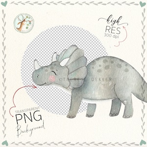 May include: A watercolor illustration of a gray and blue triceratops dinosaur with a friendly expression. The dinosaur is facing the right side of the image. The background is transparent.