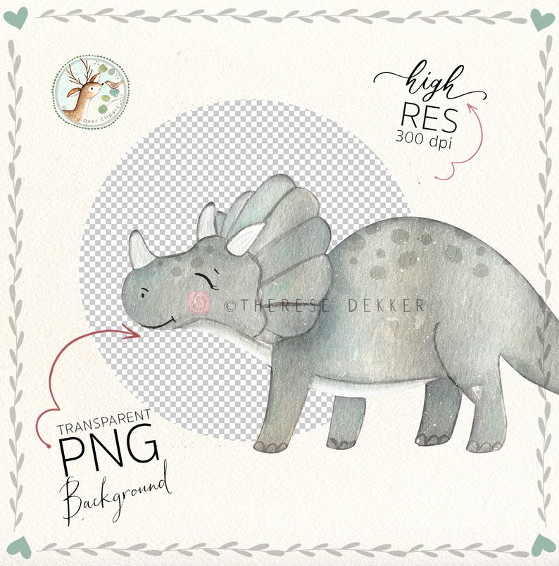 May include: A watercolor illustration of a gray and blue triceratops dinosaur with a friendly expression. The dinosaur is facing the right side of the image. The background is transparent.