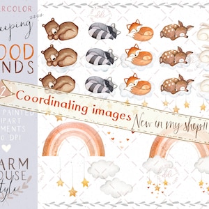 K&ouml;nnte beinhalten: Aquarell-Clipart-Set mit Waldtieren, die auf Wolken schlafen. Das Set enth&auml;lt einen B&auml;ren, einen Waschb&auml;ren, einen Fuchs, ein Reh und ein Kaninchen. Die Tiere schlafen alle mit geschlossenen Augen. Die Wolken sind wei&szlig; und flauschig. Im Hintergrund befinden sich auch Sterne und Regenb&ouml;gen. Der Text "Sleeping in Woodlands" steht oben im Bild. Der Text "Coordinating images New in my shop!" steht unten im Bild.