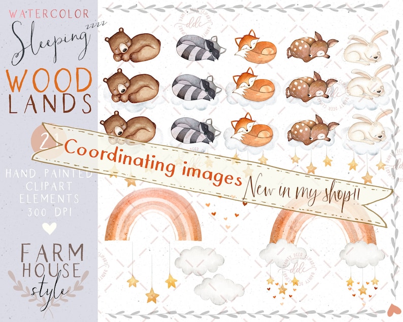 K&ouml;nnte beinhalten: Aquarell-Clipart-Set mit Waldtieren, die auf Wolken schlafen. Das Set enth&auml;lt einen B&auml;ren, einen Waschb&auml;ren, einen Fuchs, ein Reh und ein Kaninchen. Die Tiere schlafen alle mit geschlossenen Augen. Die Wolken sind wei&szlig; und flauschig. Im Hintergrund befinden sich auch Sterne und Regenb&ouml;gen. Der Text "Sleeping in Woodlands" steht oben im Bild. Der Text "Coordinating images New in my shop!" steht unten im Bild.