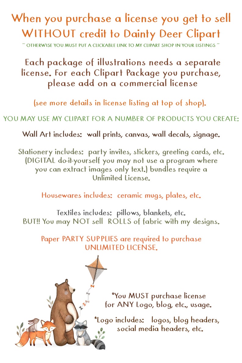 Peut inclure: Une illustration num&eacute;rique d'un ours brun, d'un renard et d'un raton laveur debout ensemble. L'illustration est entour&eacute;e de texte qui explique les diff&eacute;rents types de licences disponibles pour l'utilisation commerciale du clipart. Le texte comprend les mots "Dainty Deer Clipart", "Licence illimit&eacute;e" et "Vous DEVEZ acheter une licence pour TOUT logo, blog, etc., utilisation."