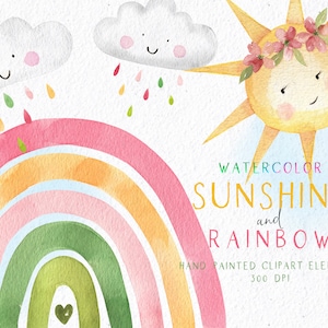 Clipart de arco-íris, clipart de arco-íris em aquarela, clipart de sol em aquarela, clipart de luz do sol, clipart de nuvens, arte de parede de berçário de arco-íris, para impressão