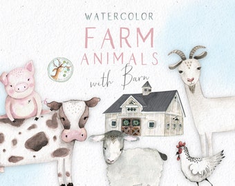 Farm Animals Watercolor Clipart, Farm Clipart, Printable Farm Animals, Farmhouse Barn, Watercolor Cow Goat Lamb Pig Hen, Farmhouse Clip Art