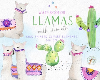 Watercolor Llama Clipart, Llama Clipart, Watercolor Alpaca Clipart, Llama Graphics, Alpaca Graphics, Cactus Clip Art, No Drama Llama Art