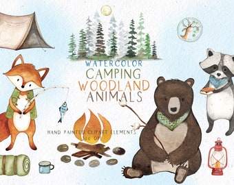 Camping Aquarell Clip Art, Aquarell Waldtiere Clipart, Fuchs, Bär, Waschbär Clipart, Kinderzimmer Wandkunst